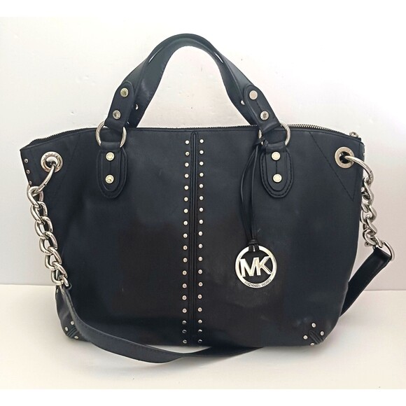 VTG Y2K Michael Kors Astor Satchel Shoulder Strap Blk Leather Silver Studs Chain - Picture 1 of 15